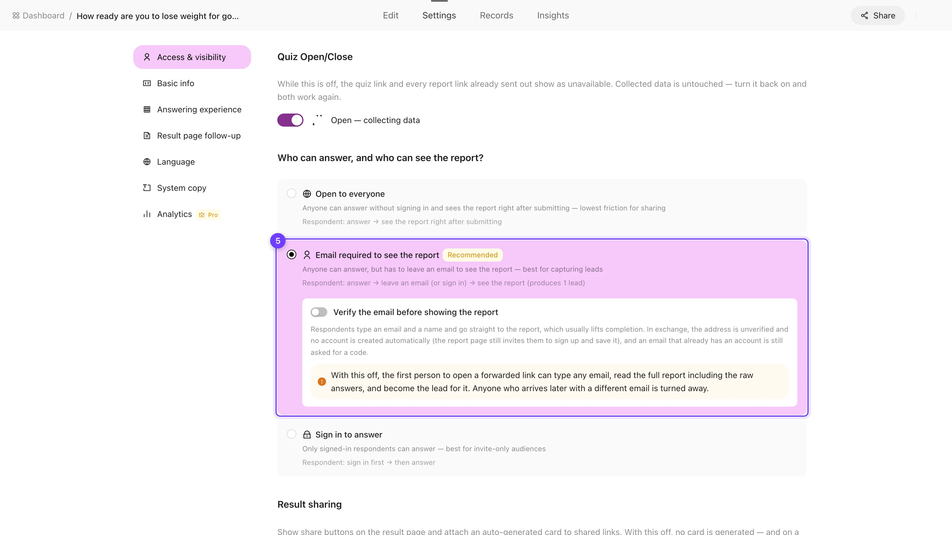 Access settings with the Email required to see the report option selected