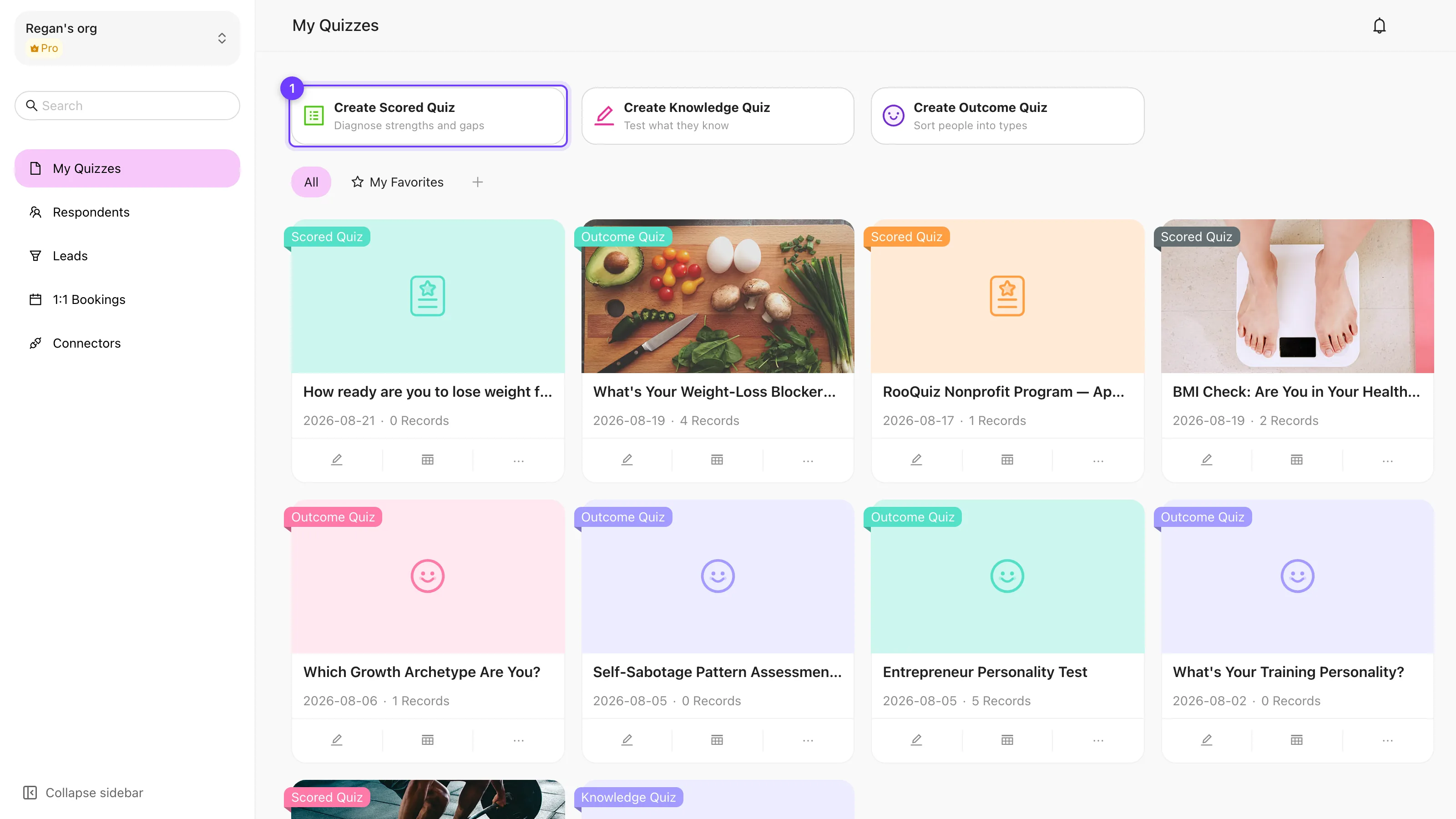The RooQuiz dashboard with three quiz type cards, highlighting Create Scored Quiz