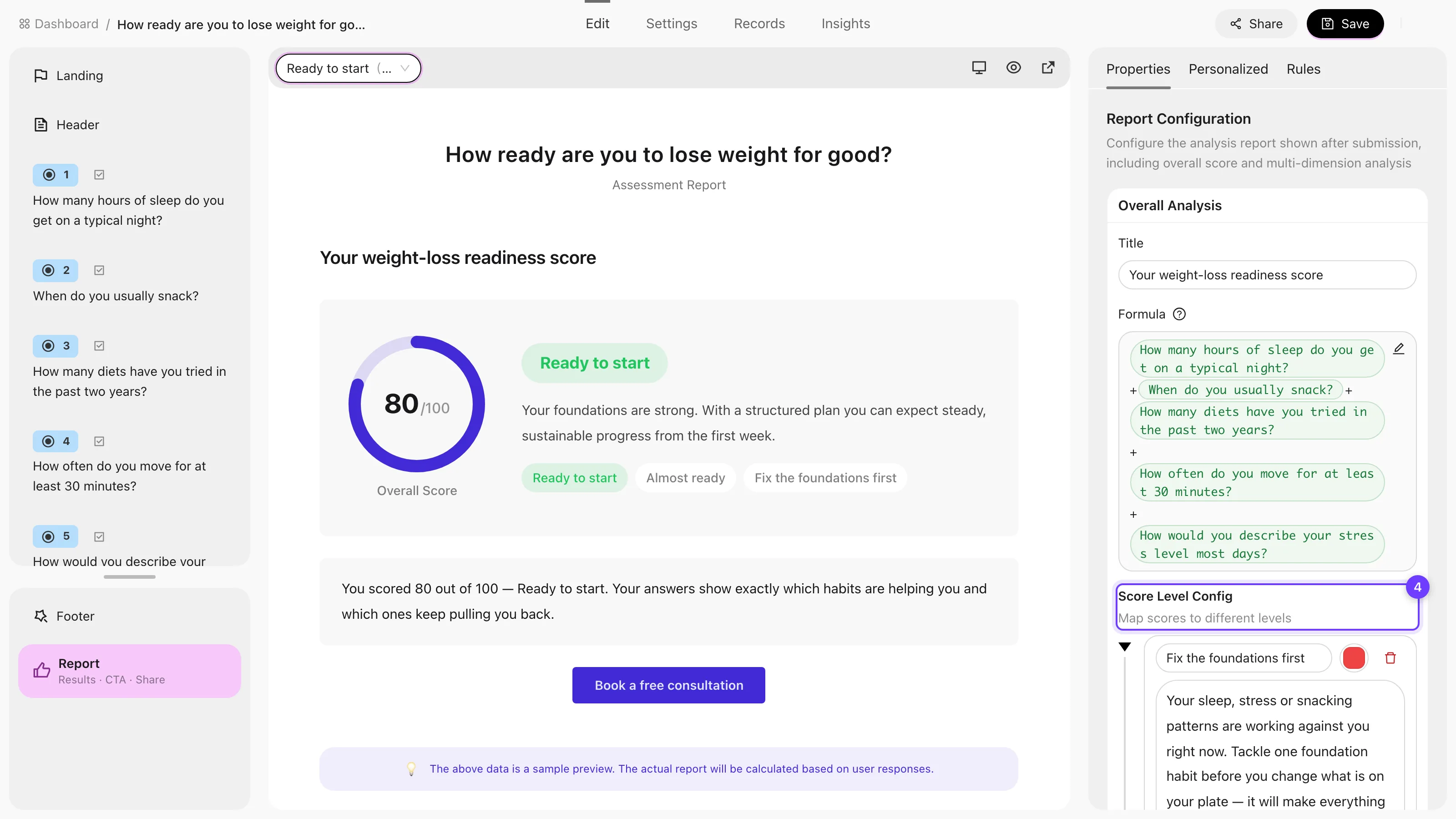 Report configuration with score levels and a live preview showing 80 out of 100
