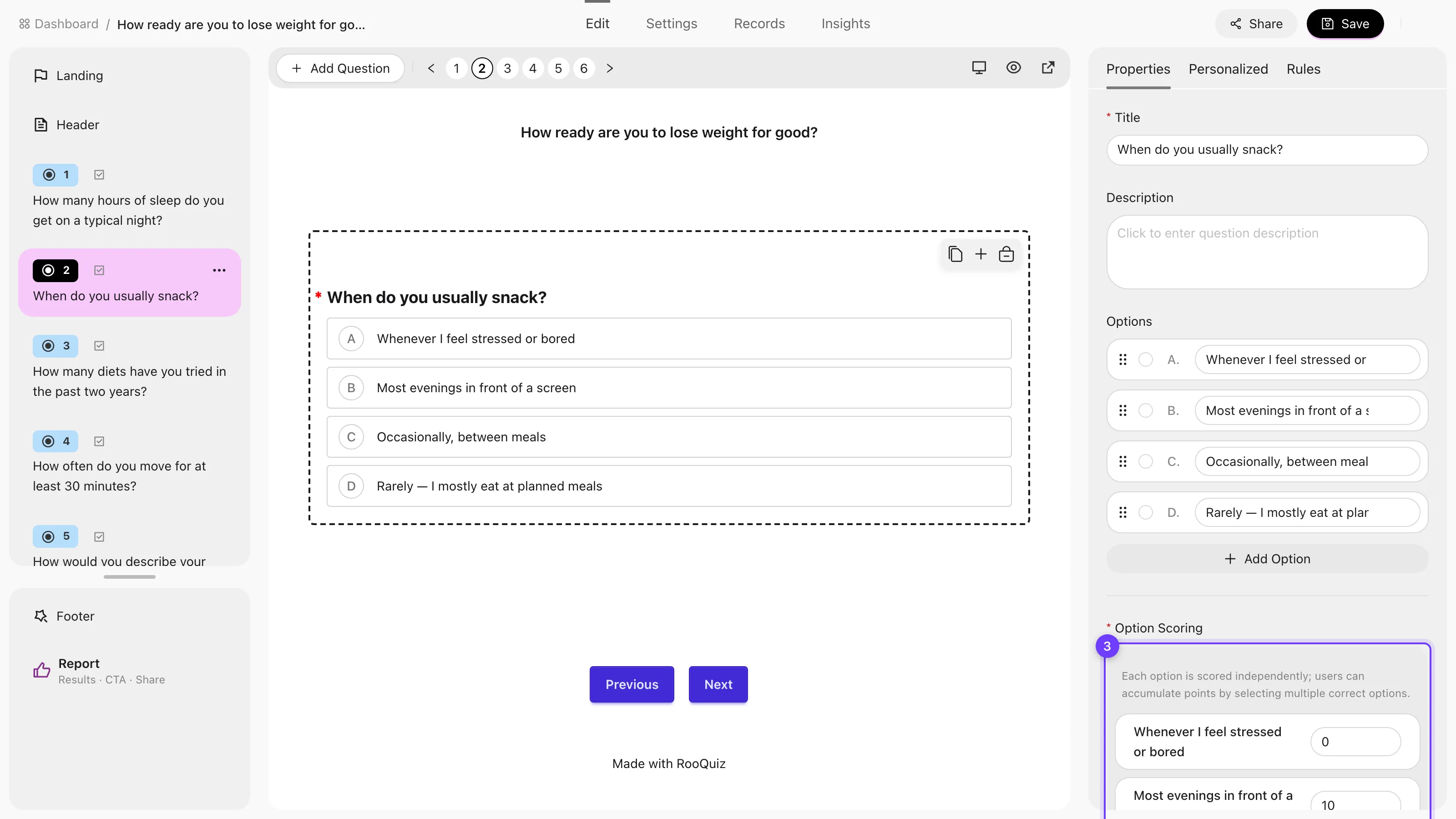 The quiz editor with a question selected and Option Scoring settings on the right