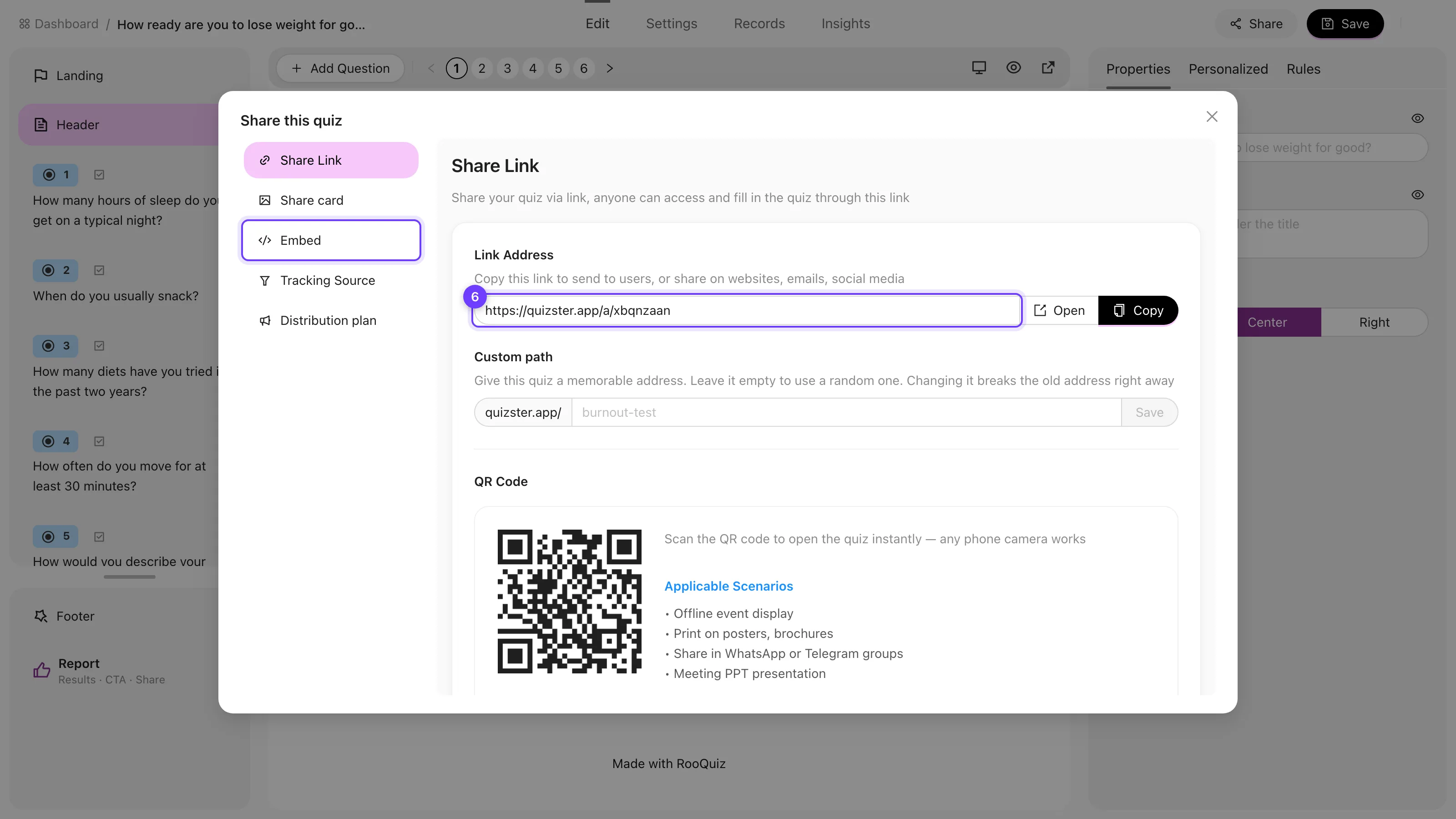 The share dialog with the quiz link, custom path, and QR code