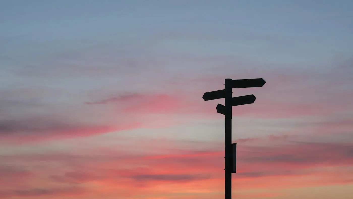 A signpost silhouetted against a sunset sky with arrows pointing in different directions